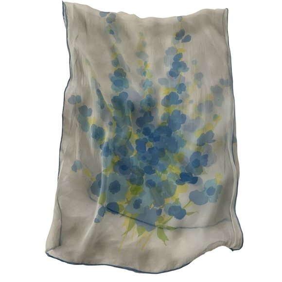 Vintage Light Blue Floral Detail Silk Sheer Neck Scarf 14 x 40 Rolled Hem - Picture 1 of 8